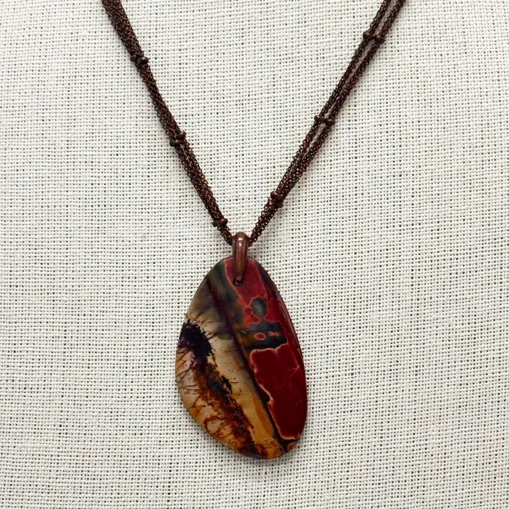 Artisan Made Adjustable Copper Multi-Strand Necklace Large Jasper Pendant Boho